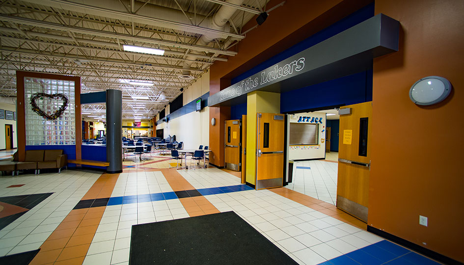 Interior entrance and commons area at Lakeview Schools