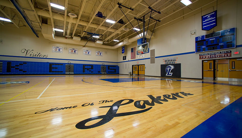 Lakeview Schools gymnasium with basketball court and bleachers