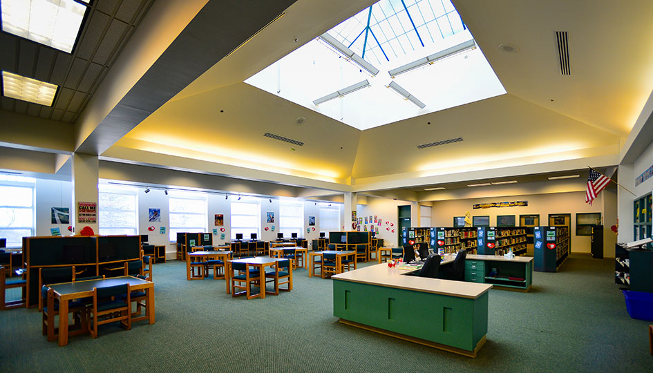 Ortonville Public Schools library with skylight and study tables