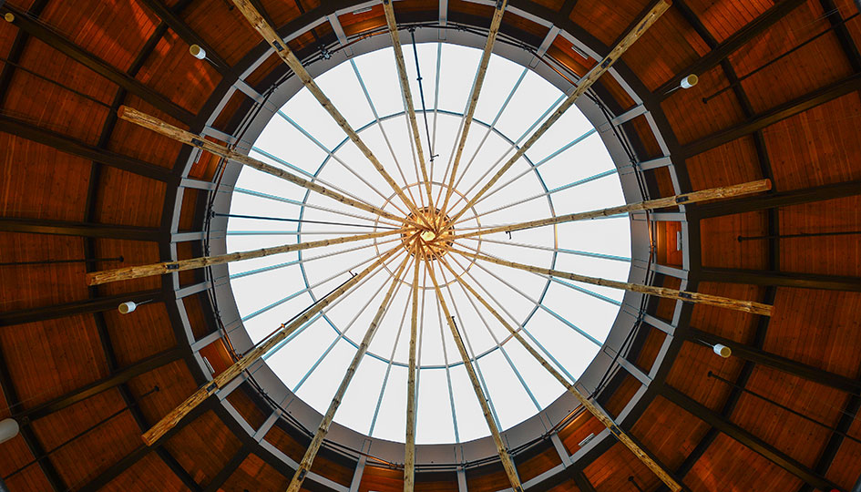Circular skylight and timber ceiling detail inside the Sisseton Wahpeton Oyate Tribal Administration Building