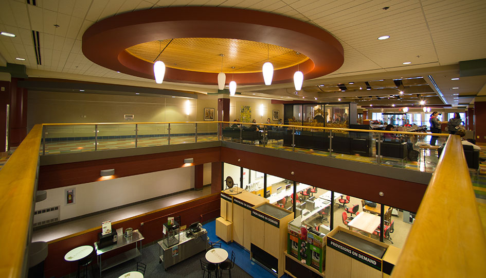 Upper level of State University library overlooking study and service areas