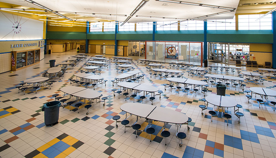 Waverly-Winsted High School cafeteria with rows of tables and seating